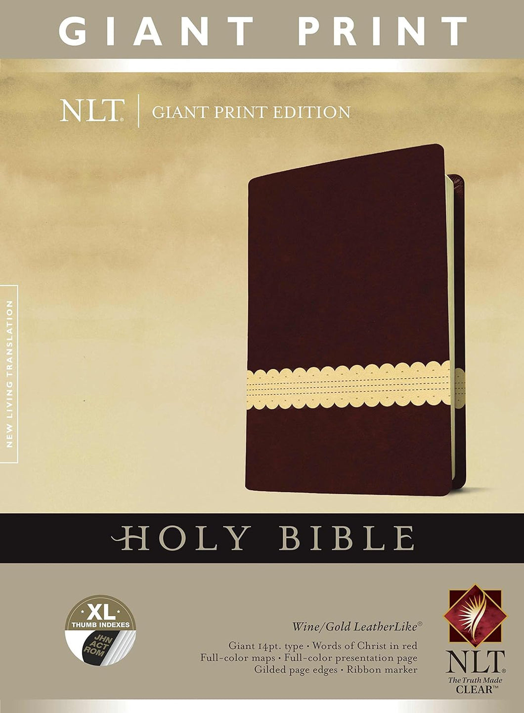 NLT Holy Bible, Giant Print Edition, Tutone Wine/Gold Leather Like, Indexed, New Living Translation