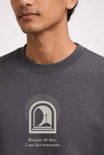 Load image into Gallery viewer, Because He Lives Box Fit T-Shirt | Peachy Pink / Grey