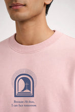 Load image into Gallery viewer, Because He Lives Box Fit T-Shirt | Peachy Pink / Grey