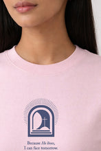 Load image into Gallery viewer, Because He Lives Crew Neck T-Shirt | Peachy Pink / Powder Blue