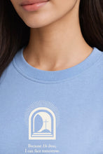 Load image into Gallery viewer, Because He Lives Crew Neck T-Shirt | Peachy Pink / Powder Blue
