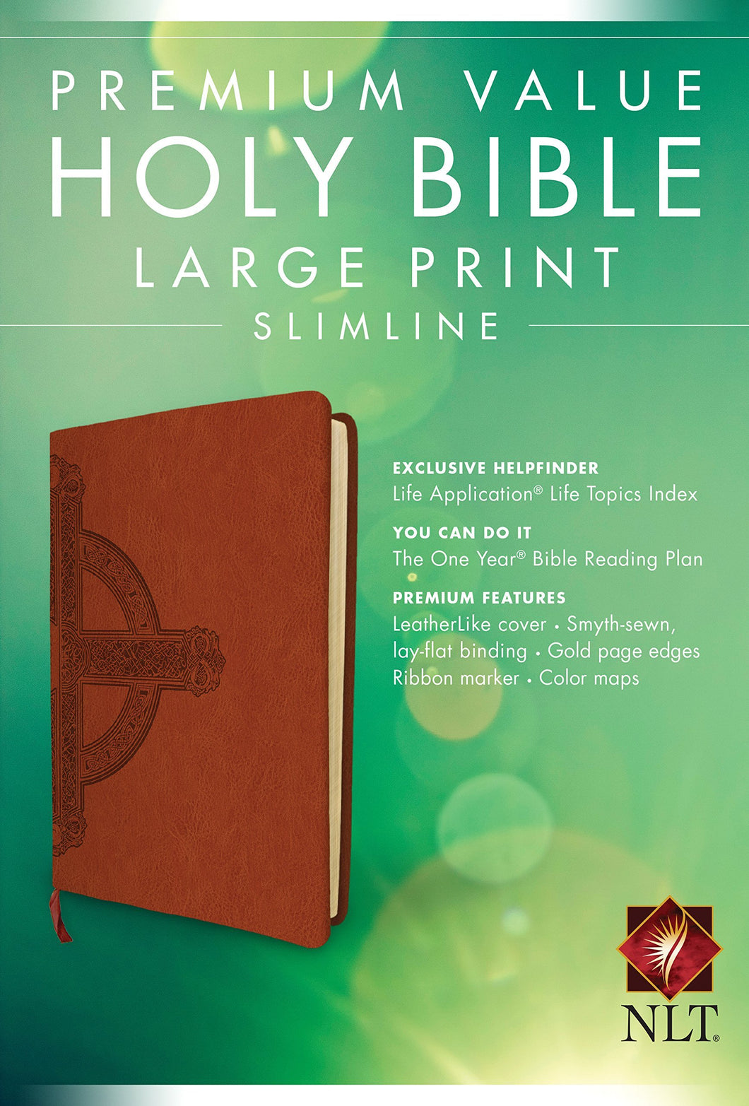 Premium Value Slimline Bible Large Print NLT, Cross (Leather Like, Sienna)